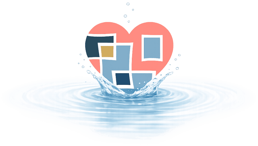 A heart made of photo cards splashing into water, sending ripples outward